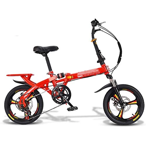 Folding Bike : YSHCAFolding Bike, 16 Inch 7 Speed Low Step-Through Steel Frame Foldable Compact Bicycle with Rack Comfort Saddle and Fenders for Adults, Red-B
