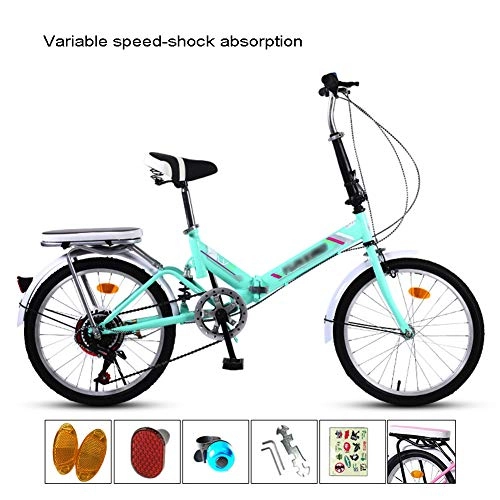Folding Bike : YSHCAFolding Bike, 20 Inch 7 Speed Low Step-Through Steel Frame Foldable Compact Bicycle with Fenders and Rack Urban Riding and Commuting, Green-A