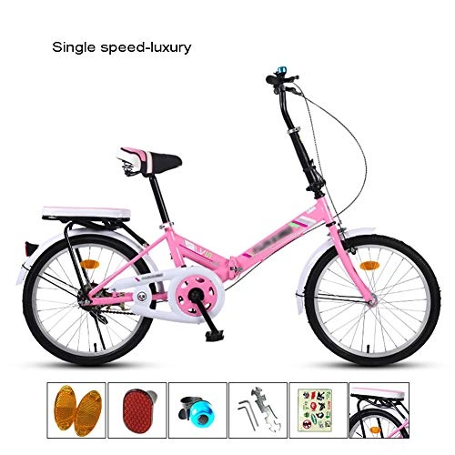 Folding Bike : YSHCAFolding Bike, Single Speed Low Step-Through Steel Frame Foldable Compact Bicycle with Fenders and Rack Urban Riding and Commuting, 20 inch-Pink-A