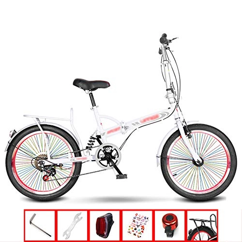 Folding Bike : YSHCAFolding Bike, with Rack 20 Inch Variable Speed Low Step-Through Steel Frame Foldable Compact Bicycle Urban Riding and Commuting, White-C