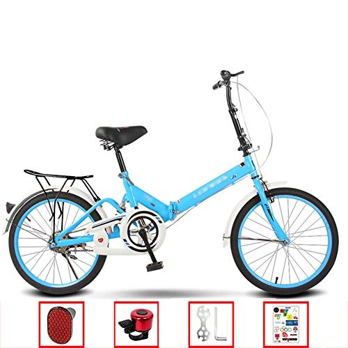 Folding Bike : YSHCASingle Speed Folding Bike, 16 Inch Low Step-Through Steel Frame Foldable Compact Bicycle with Rack Comfort Saddle and Fenders, Blue