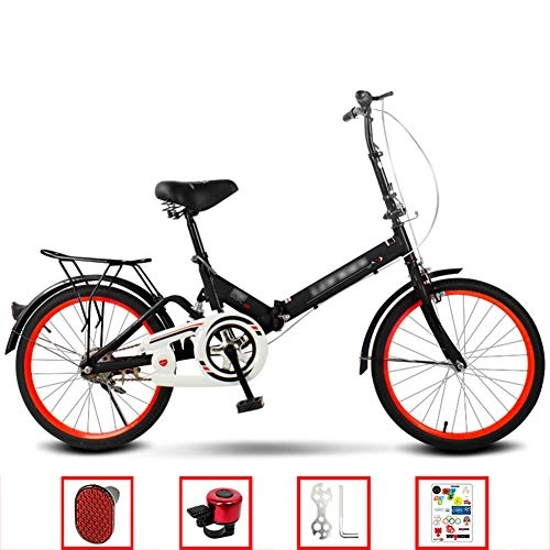 Folding Bike : YSHCASingle Speed Folding Bike, 20 Inch Low Step-Through Steel Frame Foldable Compact Bicycle with Rack Comfort Saddle and Fenders, Black-A