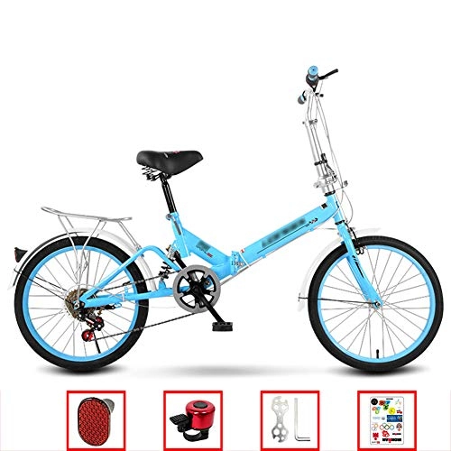 Folding Bike : YSHCAVariable Speed Folding Bike, 20 Inch Low Step-Through Steel Frame Foldable Compact Bicycle with Rack Comfort Saddle and Fenders for Adults, Blue-A