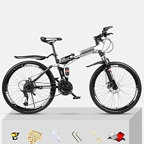 Folding Bike : YUNLILI Multi-purpose Folding Bikes 26 Inch Wheels Mountain Bicycle Carbon Steel Frame 21 / 24 / 27 Speeds With Disc Brake Front Suspension Fork (Color : White, Size : 21 Speed)