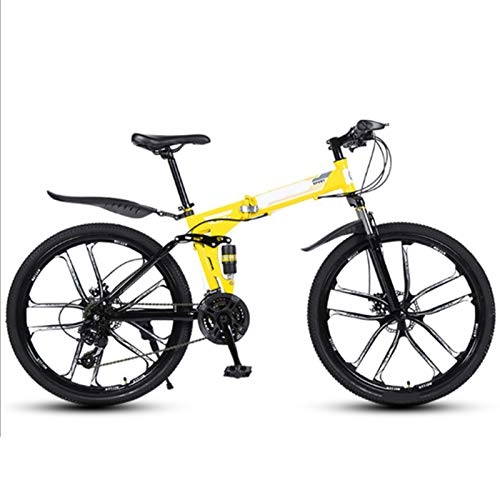 Folding Bike : Yunyisujiao 26 Inch Folding Mountain Bike, 24 Speed Bicycle Full Suspension MTB, High-carbon Steel Hardtail Mountain Bike, Mountain Bicycle Lightweight Bicycle for Teens Men Women (Color : Yellow)