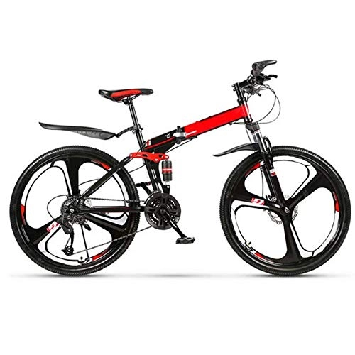Folding Bike : Yunyisujiao 26 Inch Mountain Bike, Full Suspension Mountain Bike, Adult Folding Mountain Bike, With Adjustable Seat Double Disc Brake Mountain Bike (Color : Red)