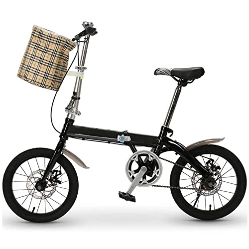 Folding Bike : YUNZHIDUAN Folding Bike, Single Speed Portable Cruiser Bicycles, 16-Inch Wheels, High-Tensile Carbon Steel, Dual Disc Brake Bicycle for Men and Women (Blck)
