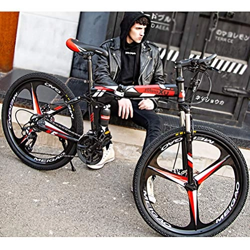 Folding Bike : ZEIYUQI 26 Inch Men's Mountain Bikes Adult Foldaway Bikes Double Disc Brake Bicycles Outdoor Travel Hiking 10 Spoke, red, 21 * 26''*6