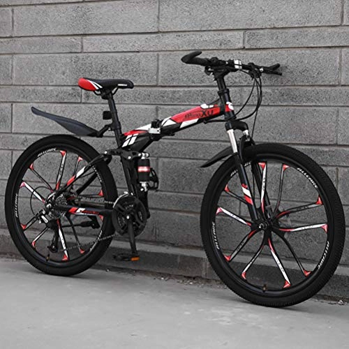 Folding Bike : ZEIYUQI Double Disc Brake Bicycles 24 Inch Men's Mountain Bikes Foldable High-Carbon Steel Hardtail Mountain Bike Hiking, red, 21 * 24"*6