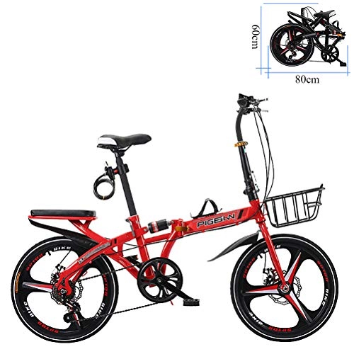 Folding Bike : ZEIYUQI Folding Shock Absorption 20 Inch Adult Bikes Double Disc Brake Bicycles Unisex Outdoor Suitable for Work, red, A