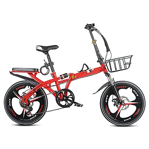 Folding Bike : ZEMENG Variable Speed Folding Urban Bicycle, Adult Outdoor City Bike, Double Disc Brake Double Suspension Road Commuter Bike, Unisex, Red, 20