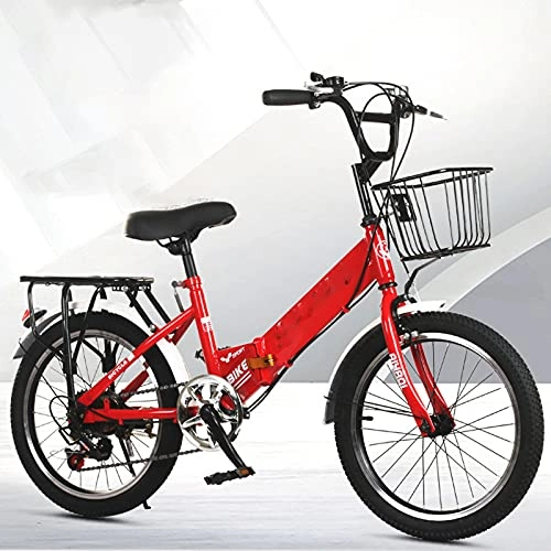 Folding Bike : ZEMENG Variable Speed Folding Urban Bicycle, Adult Outdoor City Bike, Double V-Brake Road Commuter Bike, Unisex, Red, 20