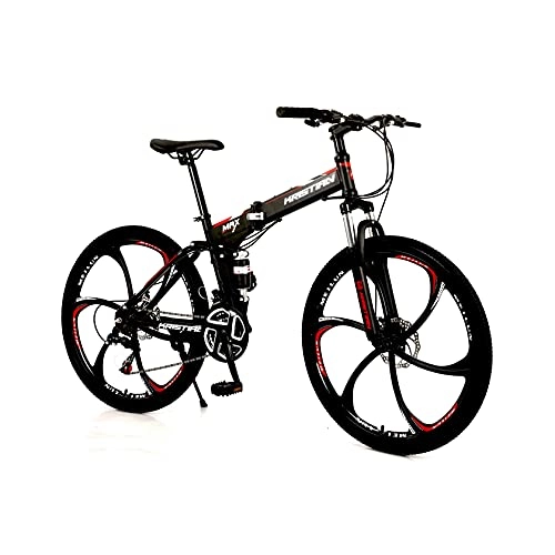 Folding Bike : ZHANGYN Six-blade Wheels, Foldable Station Wagon, 30-speed Gearbox, Full-shock Folding Bike, 25-inch (about 69 Cm) Large Tires, 173 Cm Body, Easy To Carry, Universal For Boys And Girls, Red