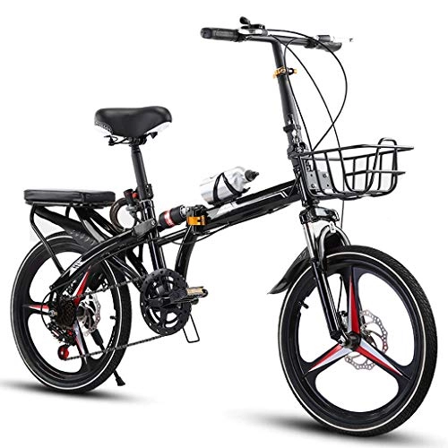 Folding Bike : ZHEDYI 16in / 20in Compact Ladies Bike, Double Disc Brakes and Double Shock Absorber Youth Folding Bike, Mens Bicycle with Shifting System and Bottle Cage, Bike Basket (Color : Black, Size : 16inch)