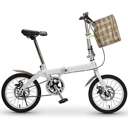 Folding Bike : ZHEDYI 16in Lightweight Folding Bike Bicycle, Compact Double Disc Brake Bikes, Soft and Comfortable Women's Bike, Suitable for Adult Male and Female Students，Bike Basket (Color : White)