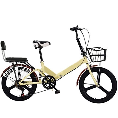Folding Bike : ZHEDYI 20in Magnesium Alloy Wheels Bicycle, Women's Folding Bike, Shock-absorbing Comfortable Bikes, Backrest, Mudguard, Bike Basket，Bicycles for Men and Women, Teenagers (Color : Beige)