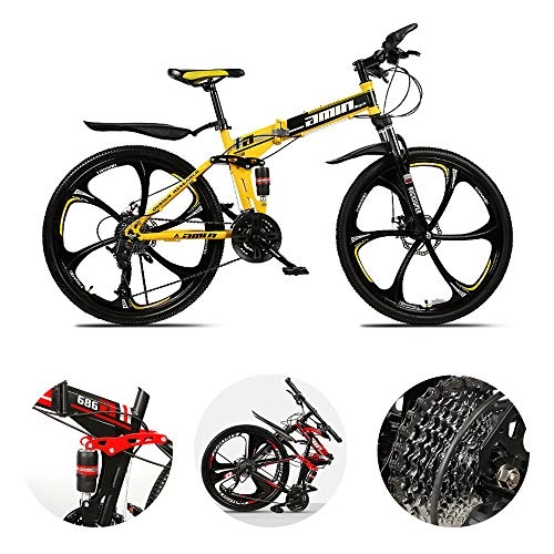Folding Bike : ZHIPENG Folding Mountain Bikes 26-Inch Full Suspension Mountain Bike, 27-Speed Variable Speed Bike, Double Front And Rear Shock Absorption, 8 Seconds Fast Folding, Yellow