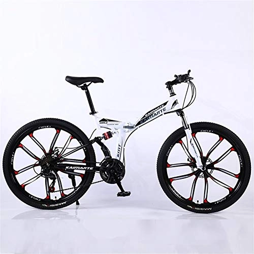 Folding Bike : ZHTX Road Bikes Racing Bicycle Foldable Bicycle Mountain Bike 26 Inch Steel 21 / 24 / 27 / 30 Speed Bicycles Dual Disc Brakes (Color : White, Size : Ten cutter wheels)