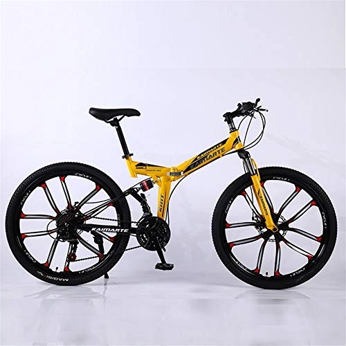 Folding Bike : ZHTX Road Bikes Racing Bicycle Foldable Bicycle Mountain Bike 26 Inch Steel 21 / 24 / 27 / 30 Speed Bicycles Dual Disc Brakes (Color : Yellow, Size : Ten cutter wheels)