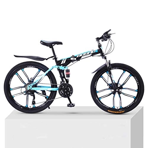 Folding Bike : ZKHD 30-Speed 10-Knife-Wheel Mountain Bike Bicycle Adult Folding Double Damping Off-Road Variable Speed Unisex Bicycle, black blue, 26 inch