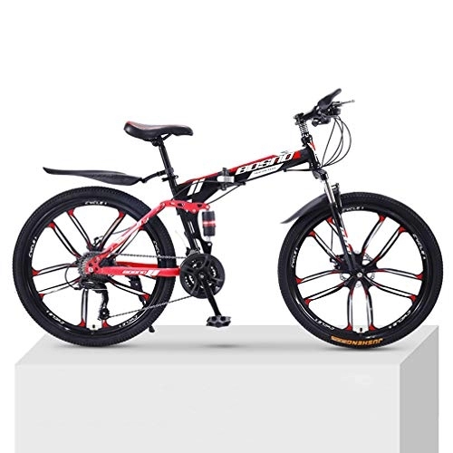 Folding Bike : ZKHD 30-Speed 10-Knife-Wheel Mountain Bike Bicycle Adult Folding Double Damping Off-Road Variable Speed Unisex Bicycle, black red, 26 inch