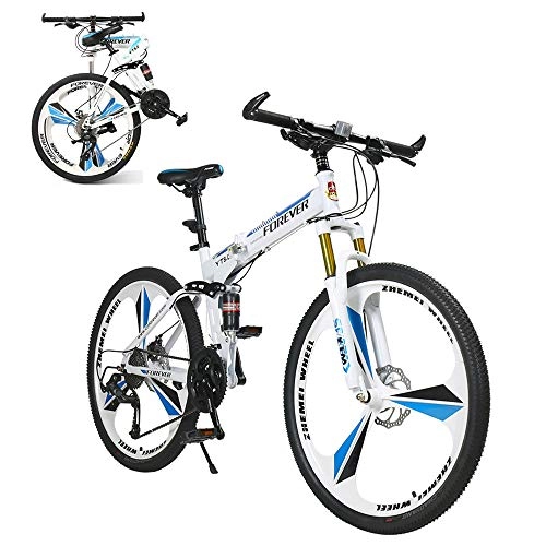 Folding Bike : ZLMI 26-Inch Adult Folding Bike, 21-Speed Mountain Bycicle, Aluminum Alloy Frame, Fast Folding Design, Light And Easy To Carry, Double Shock Absorbers at The Front And Rear, White