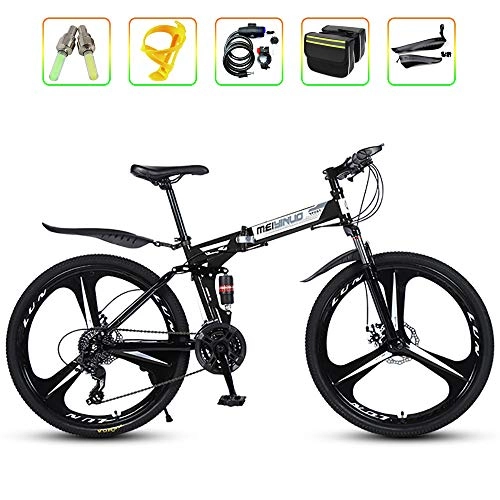 Folding Bike : ZLMI 26-Inch Folding Bike, Full Suspension Mountain Bycicle, 21 / 24 / 27 Speed Shift System, Fast Folding in 3 Seconds, Put in The Corner, Will Not Take Up Space, Black, 21 speed