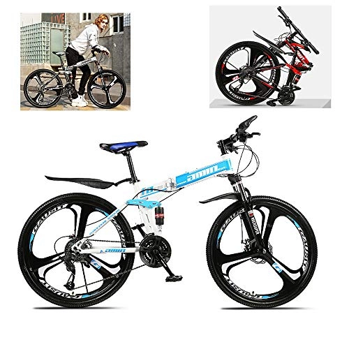 Folding Bike : ZLMI 26-Inch Portable Folding Bike, Full Suspension Mountain Bycicle, 24-Speed Adult Variable Speed Bike, High-Carbon Steel Frame, Fast Folding in 8 Seconds, Easy To Carry, Blue