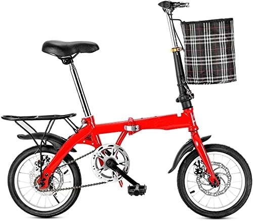 Folding Bike : ZLYJ 14 / 16 Inch Folding Bicycle Double Disc Brakes Front And Rear Carbon Steel Frame Single Speed Adult Bicycle Super Lightweight Student Folding Bike A, 16inch