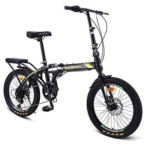 Folding Bike : ZTIANR Folding Bicycle, 20-Inch Disc Brake Shock-Absorbing Variable-Speed Bicycle Student Bicycle Adult City Bike(Black Green)