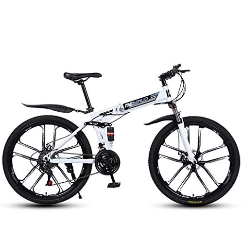 Folding Bike : ZTYD 26 Inch 27-Speed Mountain Bike for Adult, Lightweight Aluminum Full Suspension Frame, Suspension Fork, Disc Brake, White, E