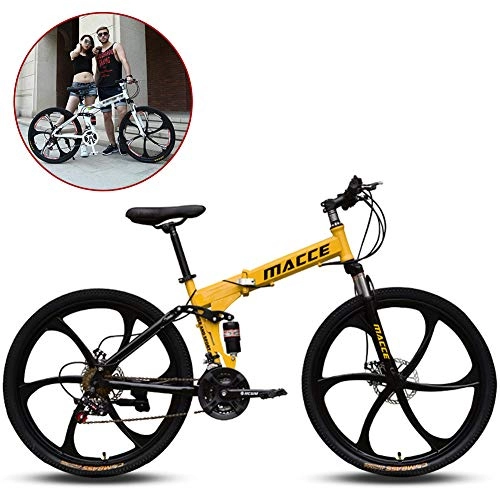 Folding Bike : ZWFPJQD 26 Inches Folding Mountain Bike Bicycle 21Speed Men And Women Speed Student Adult Bicycle Double Shock Racing with 6 Cutter Wheel / Yellow