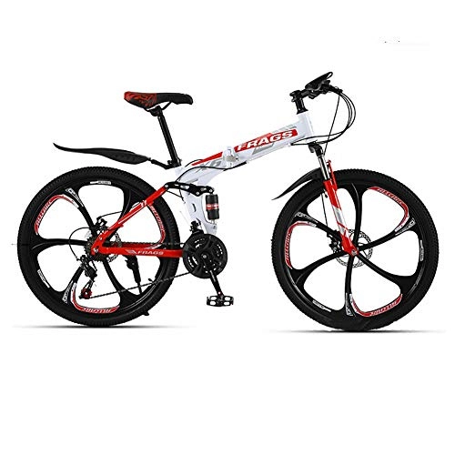 Folding Bike : ZWPY 21 Speed Mountain Bike, Adult Mountain Bicycle, Carbon Steel Folding Bike, Double Disc Brake, 6 Knife Wheel Bike (Color : White Red, Size : 26 Inch)