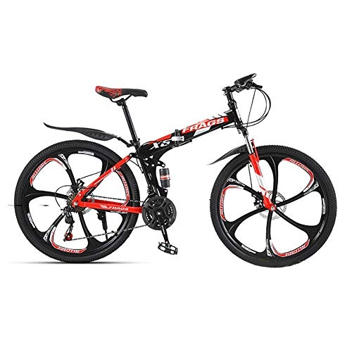 Folding Bike : ZWPY 26-Inch 6 Knife Round Mountain Bike, High Carbon Steel Cross-Country Bicycle, 24-Speed Bicycle, with Disc Brakes, Suitable for Young And Adult Commuting, black red