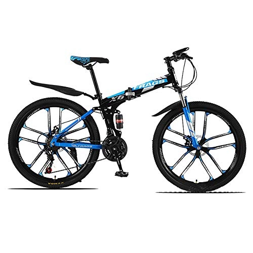 Folding Bike : ZWPY 26 Inch Bike, Mountain Trail Bike, High Carbon Steel Outroad Bicycles, 21 Speed Adjustable Bicycle, Shock Absorption Design, Lightly Foldable, 10 Knife Wheels, black blue