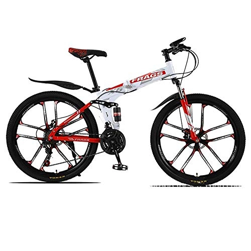 Folding Bike : ZWPY Adult Bicycle, 26Inch Folding Mountain Bike, 24 Speed MTB, 10 Knife Wheel Bicycle, Double Disc Brakes (Color: White Red)