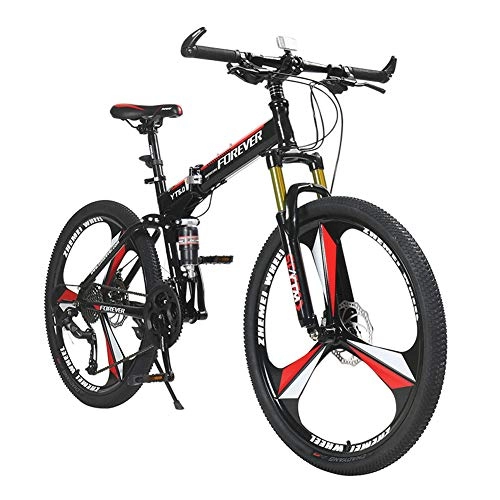 Folding Bike : ZWW Adult Folding Mountain Bike, Lightweight Portable 26In 27-Speed Disc Brake Shock Absorption Aluminum Alloy Bicycle Suitable for Commuting / Travel / Sports Fitness, black red