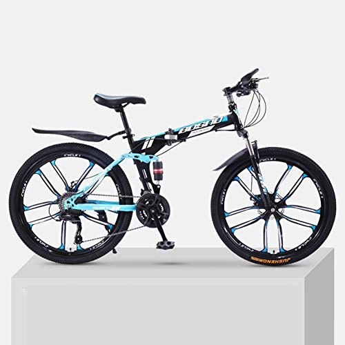 Folding Bike : ZXCY Unisex MTB Racing Bicycle 21 Speed Foldable Mountain Bike 26 Inches Carbon Steel Bicycle with 10 Cutter Wheel for Outdoor Cycling, Blue