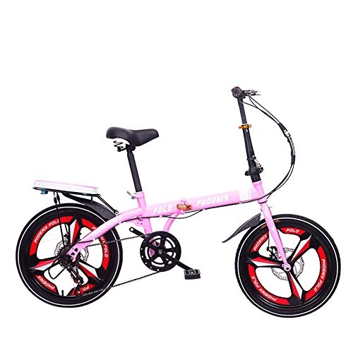 Folding Bike : ZXNM Folding Shift Bike, Double Disc Brake Bicycle, 16 / 20 inch Adult Men and Women Child Student Ultra-Light Portable Leisure Bicycle Mountain Bike / pink / 20