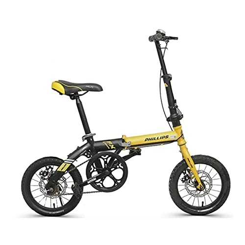 Folding Bike : ZXQZ 14 Inch Folding Bike, Women's Single Speed Disc Brake Bicycle with Basket, Cup Holder, for Children Student Adult (Color : Yellow)