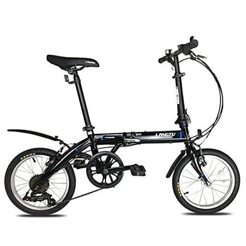 Folding Bike : ZXQZ 16-inch Folding Bike, 6 Speed Bicycles with Bilateral Folding Pedals High Carbon Steel Frame, for Student Car / Transport To Work (Color : Black)