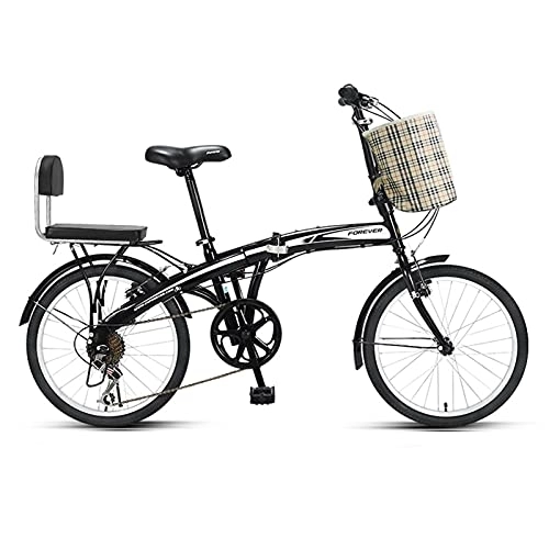 Folding Bike : ZXQZ 20-inch Bicycle, Unisex 7-speed Folding Commuter Bike with Basket and Back Seat, Essential for The Car Trunk (Color : Black)