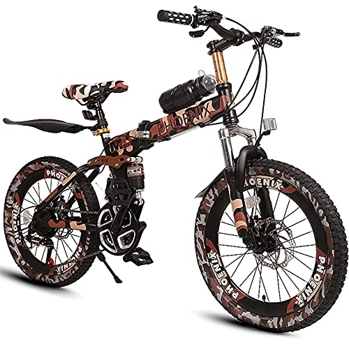 Folding Bike : ZXQZ 20-inch Hardtail Mountain Bikes, 6-7-8-9-10-11-12 Years Old Student Folding Road Bicycle with Dual Disc Brakes, 21 Speeds, for Birthdays Children's Day (Color : Brown)