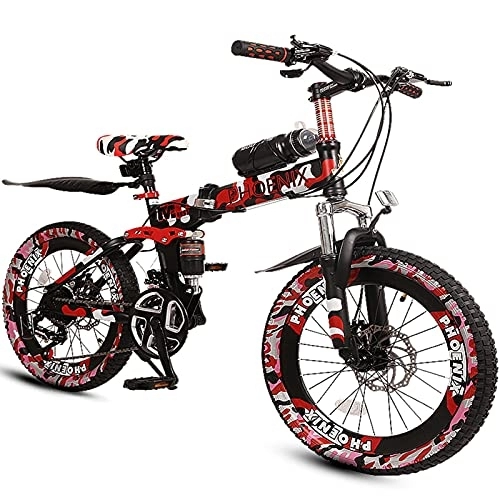 Folding Bike : ZXQZ 20-inch Hardtail Mountain Bikes, 6-7-8-9-10-11-12 Years Old Student Folding Road Bicycle with Dual Disc Brakes, 21 Speeds, for Birthdays Children's Day (Color : Red)