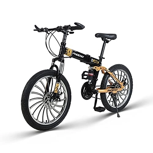 Folding Bike : ZXQZ Folding Bicycle, 20-inch Student Variable Speed Cross-country Mountain Bike with Double Shock Absorption, for Home, Office, Trunk (Color : Gold)