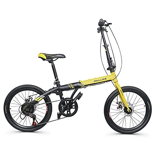 Folding Bike : ZXQZ Folding Bike, 20-inch 6-speed City Commuter Bike, High Carbon Steel Frame, Mechanical Disc Brake, for Children and Adults (Color : Yellow)