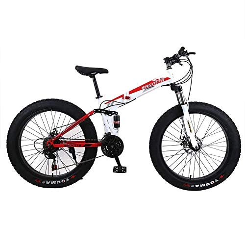 Folding Bike : ZXYMUU 24 Speed Mountain Bike, Foldable Fat Tire Beach Snow Bicycle with Double Disc Brake And Fork Rear Suspension, white red, 24in