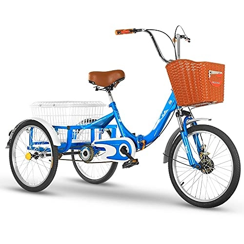 Folding Bike : zyy Adult Folding Tricycles with 20" Big Wheels Large Front 1 Speed with Low Step-Through Men's Women's Bike W / Cargo Basket with Adjustable Cruiser Bike Seat (Color : Blue)