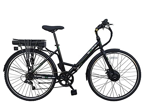 Hybrid Bike : Basis Hybrid Full Size Folding Electric Bike, 700c Wheel, 9.6Ah Battery - Black / Green