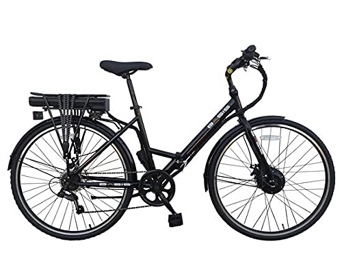 Hybrid Bike : Basis Hybrid Full Size Folding Electric Bike, 700c Wheel, 9.6Ah Battery - Black / Red